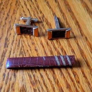 Vintage Leather Embellished Cufflinks & Tie Clip